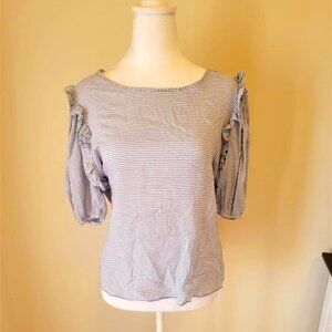 Blue/White Striped Top with Puffed Sleeves